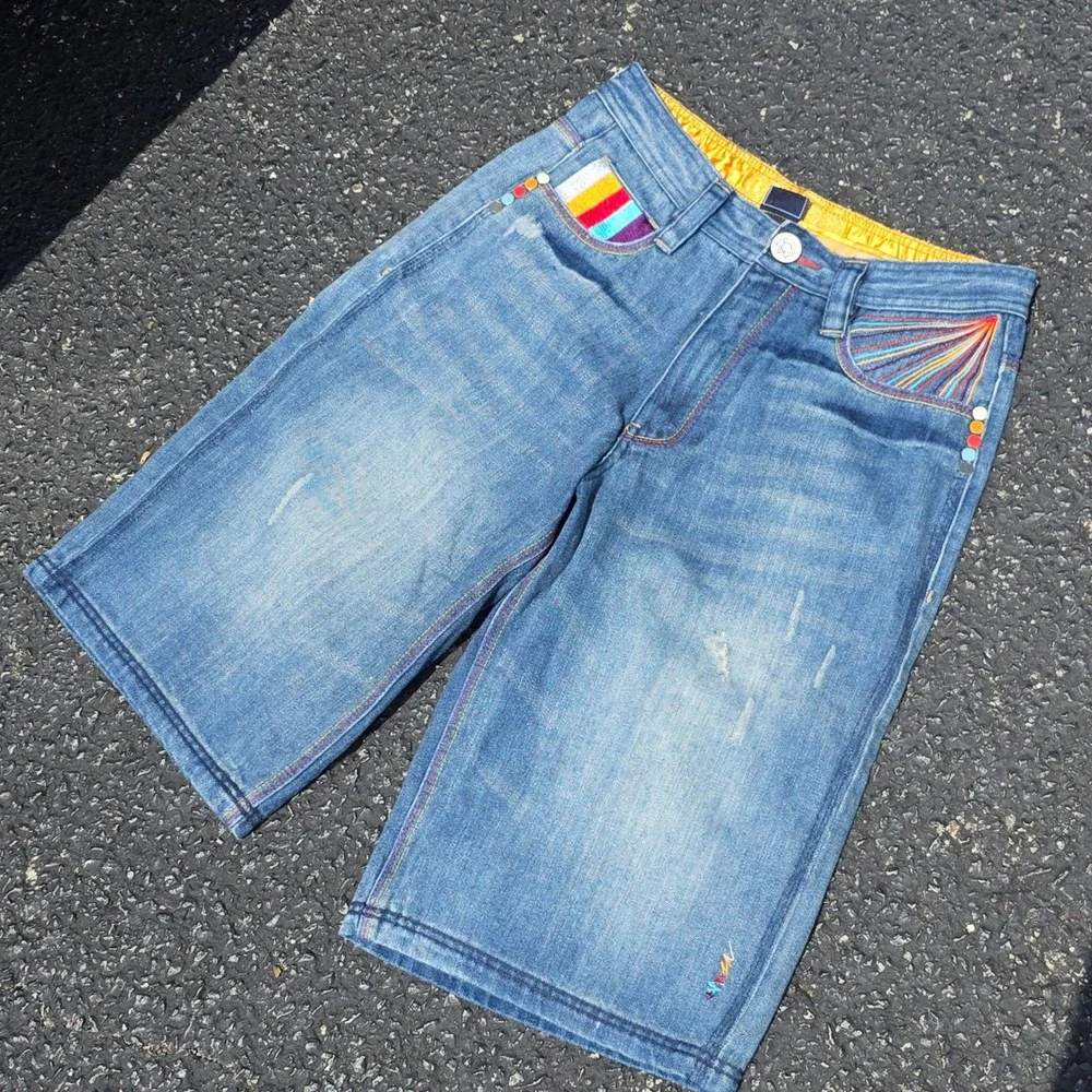 Coogi Mens Blue Denim Embroidered Streetwear Shorts W32 Made in USA Eagle Logo